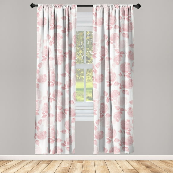 Rose Design Window Curtains, Vintage Watercolor Style Delicate Flowers Boho with Leaves Pattern Botany, Lightweight Decor 2-Panel Set with Rod Pocket, Pair of - 28"x63", Rose White Blush, by Ambesonne