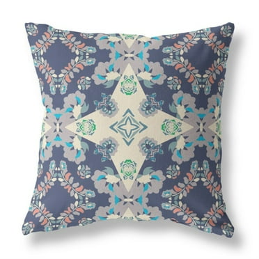 Rose Diamond Indoor/Outdoor Fabric Pillow with Zip in Blue Off White 16x16