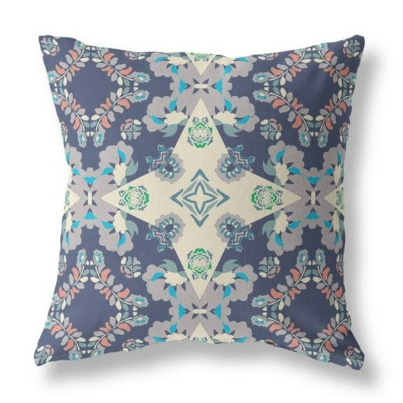 Rose Diamond Indoor/Outdoor Fabric Pillow with Zip in Blue Off White 26x26