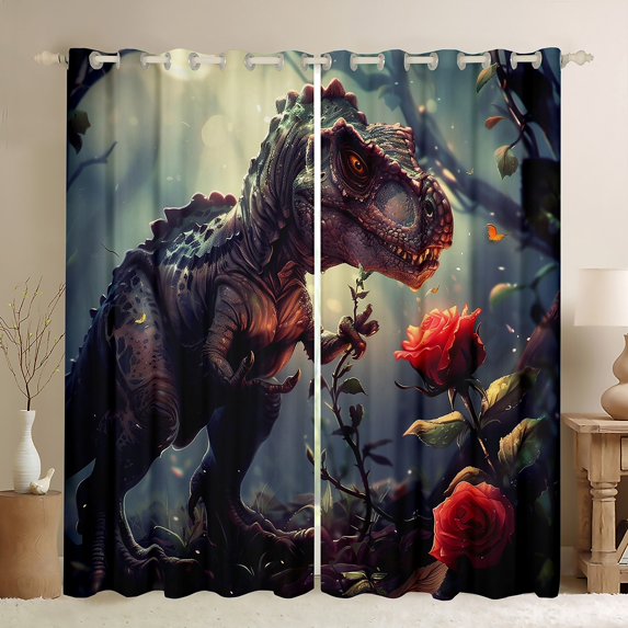 Rose Dinosaur 30%-50% Blackout Curtains for Bedroom,Gothic Dino Curtains Drapes Goth Jungle Animal Curtains 2 Panels 52"Wx63"L,Paleontology Reptile Dinosaurios Window Curtains