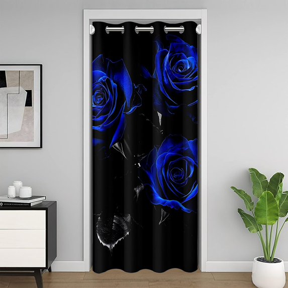 Rose Door Drape,Blue Black Romantic Floral Door Curtain for Doorway Privacy,Couple Valentine's Day Gift 3D Roses Room Divider Curtain,Gothic Flowers Blackout Curtain,42"W X 80"L