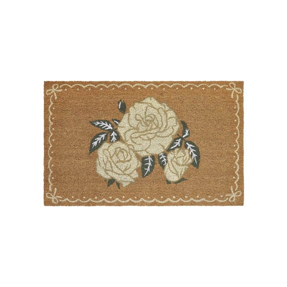 Rose Doormat, 30X18 In, Non-Slip Backing, Coir, Entryway Mat, Outdoor and Garden, Warm Tan, Cream Floral, 1 Pc