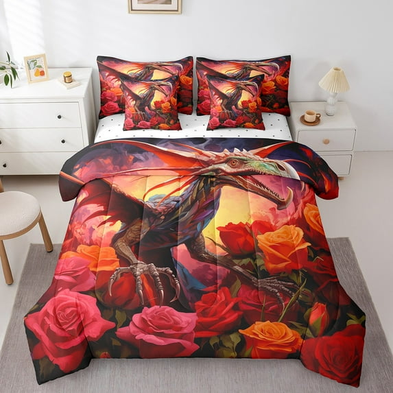 Rose Dragon Bed in a Bag Queen Comforter Set 7 Piece,Gothic Pterosaur Bedding Sets Jungle Animal Goth Dinosaurios Bed Sheets,Prehistoric Wildlife Flowers Sheet Set with Comforter