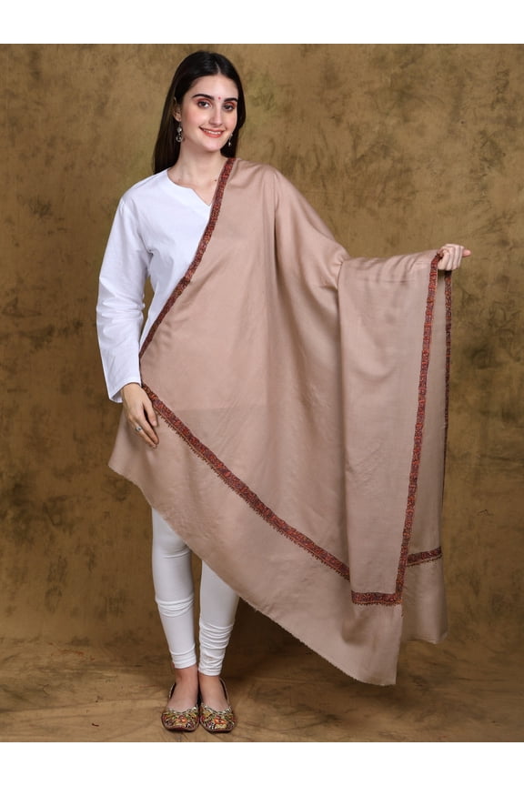 Rose-Dust Pure Wool Plain Shawl from Kashmir with Sozni Embroidered Border by Hand