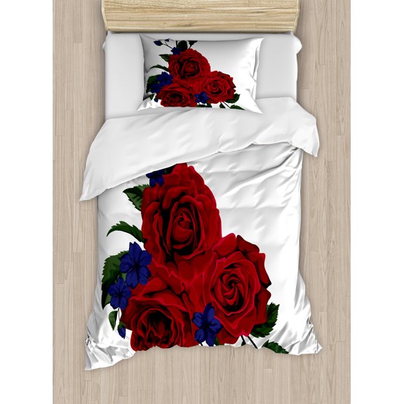Rose Duvet Cover Set, Blooming Red Roses Gentle Wild Flowers Leaves Bouquet Corsage, Decorative 2 Piece Bedding Set with 1 Pillow Shams, Twin Size, Hunter Green Violet Blue, by Ambesonne