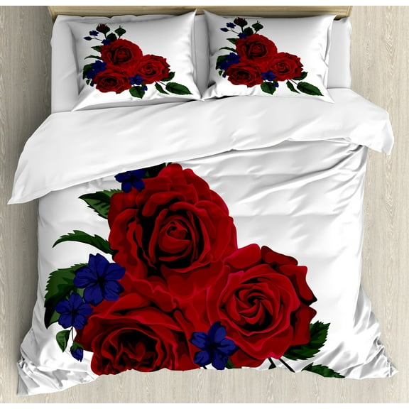 Rose Duvet Cover Set, Blooming Red Roses Gentle Wild Flowers Leaves Bouquet Corsage, Decorative 3 Piece Bedding Set with 2 Pillow Shams, Calking Size, Hunter Green Violet Blue, by Ambesonne