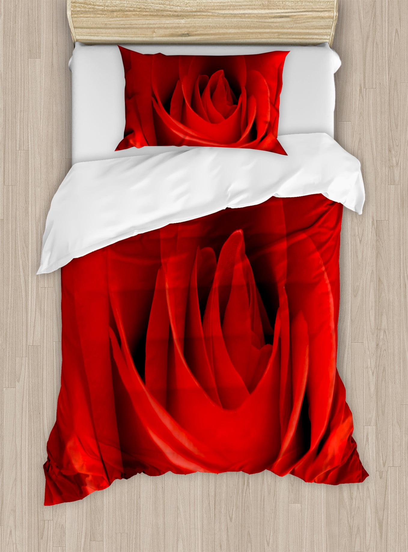Rose Duvet Cover Set, Close up Macro of a Red Rose Bloom Fresh Natural Beauty Valentine's Day