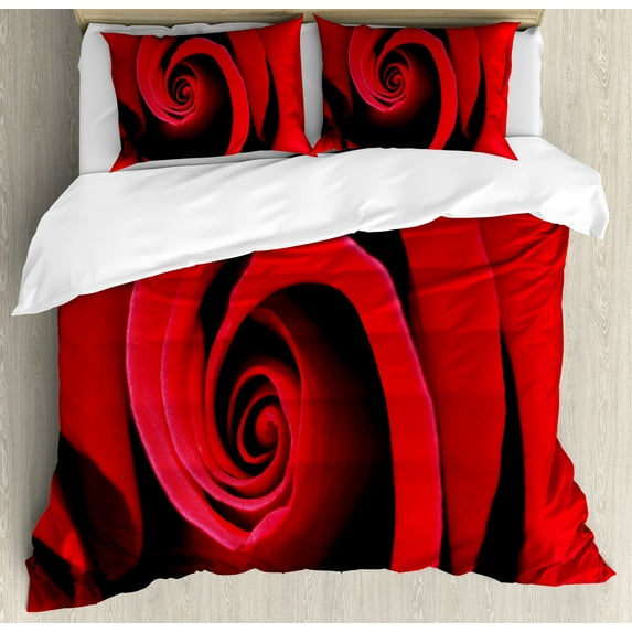 Rose Duvet Cover Set, Extreme Close up of Red Rose Bloom Swirled Spiral Petals Beauty in Nature Theme, Decorative 3 Piece Bedding Set with 2 Pillow Shams, Calking Size, Vermilion Black, by Ambesonne