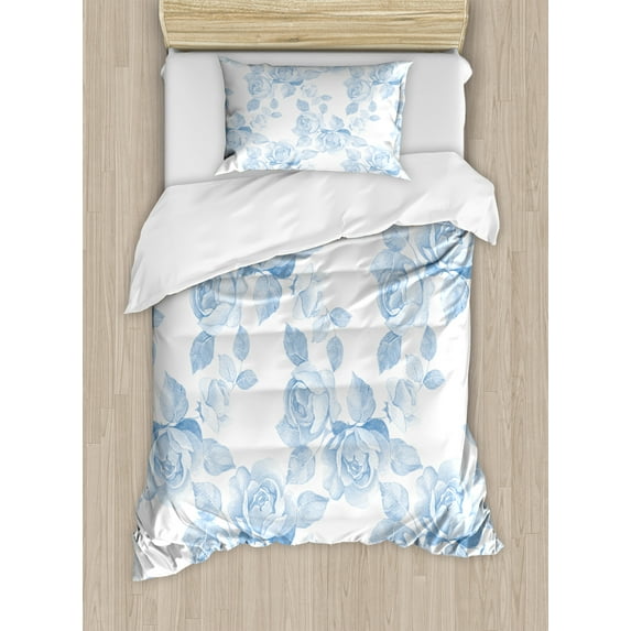 Rose Duvet Cover Set, Faint Faded Floral Dreamy Branch Plant Fashion Pastel Spring Seasonal Design, Decorative 2 Piece Bedding Set with 1 Pillow Shams, Twin Size, Soft Blue White, by Ambesonne