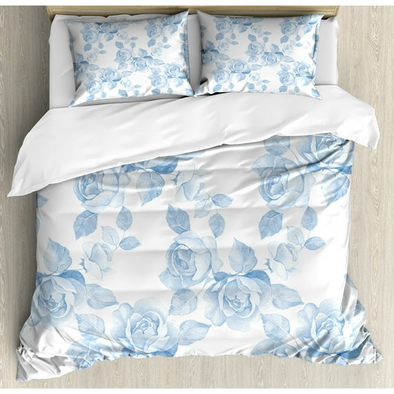 Rose Duvet Cover Set, Faint Faded Floral Dreamy Branch Plant Fashion Pastel Spring Seasonal Design, Decorative 3 Piece Bedding Set with 2 Pillow Shams, King Size, Soft Blue White, by Ambesonne