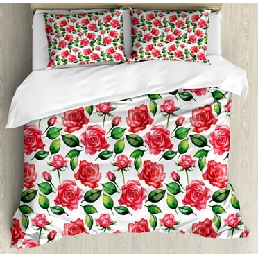 Rose Duvet Cover Set, Fresh Seasonal Watercolor Endless Roses and Leafs Buds Planet Earth Theme Print, Decorative 3 Piece Bedding Set with 2 Pillow Shams, Calking Size, Red Green White, by Ambesonne