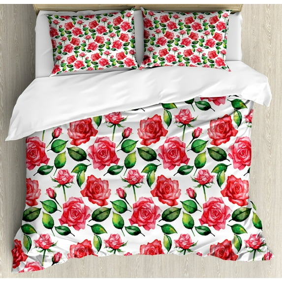 Rose Duvet Cover Set, Fresh Seasonal Watercolor Endless Roses and Leafs Buds Planet Earth Theme Print, Decorative 3 Piece Bedding Set with 2 Pillow Shams, King Size, Red Green White, by Ambesonne