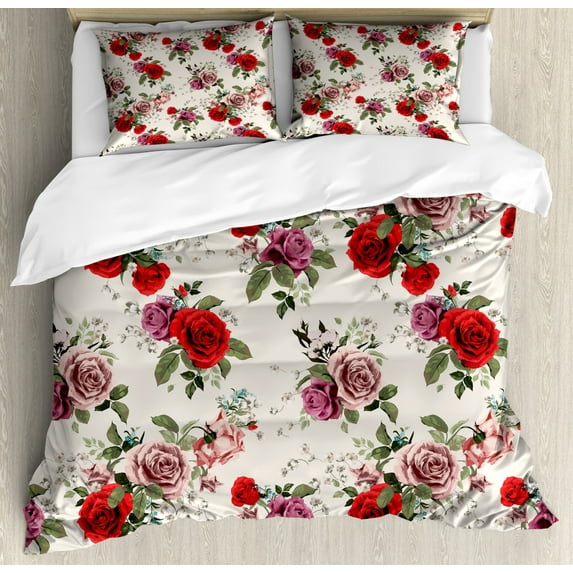 Rose Duvet Cover Set King Size, Nostalgic Romantic Blossom with Feminine Elements Corsage of Love Flowers Bouquet, Decorative 3 Piece Bedding Set with 2 Pillow Shams, Multicolor, by Ambesonne