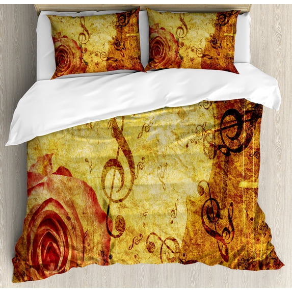 Rose Duvet Cover Set, Old Fashioned Design a Big Flower and Treble Clefs Music Notes Harmonical Concept, Decorative 3 Piece Bedding Set with 2 Pillow Shams, King Size, Cream Red, by Ambesonne