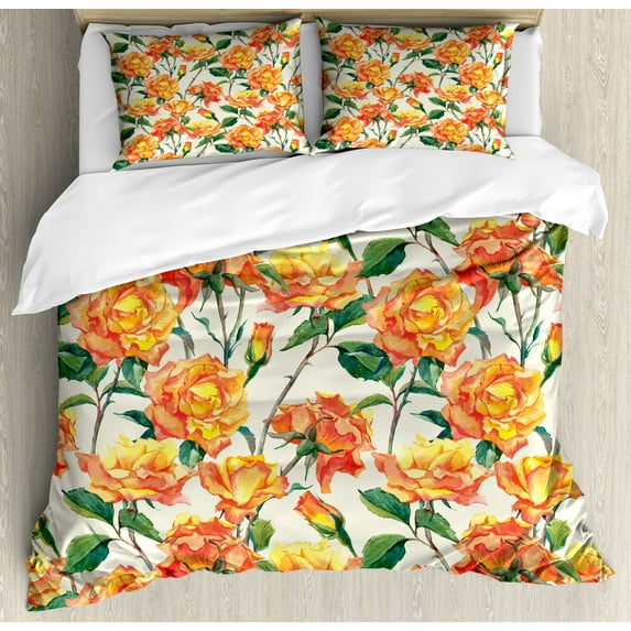 Rose Duvet Cover Set, Old Style Rose Bouqet with Vivid Season Colors Lift Work, Decorative 3 Piece Bedding Set with 2 Pillow Shams, Calking Size, Cream Orange Green, by Ambesonne