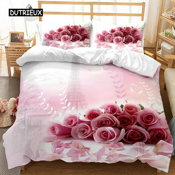 Rose Duvet Cover Set Pink Rose Pattern Bedding Set Blossom Flower Theme Comforter Set Women Elegant