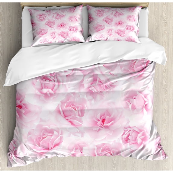 Rose Duvet Cover Set, Plenty of Roses Passion Sentiment Concept Affection Emotions Admiration Work, Decorative 3 Piece Bedding Set with 2 Pillow Shams, Queen Size, Soft Pink, by Ambesonne