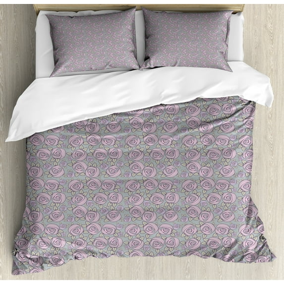 Rose Duvet Cover Set, Romantic View of Flowers in Spiraling Style, Decorative 3 Piece Bedding Set with 2 Pillow Shams, Calking Size, Blue Grey Pale Taupe, by Ambesonne