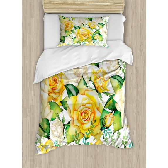 Rose Duvet Cover Set, Roses Illustration in Watercolor Painting Effect Ornate Wedding Celebration, Decorative 2 Piece Bedding Set with 1 Pillow Shams, Twin Size, Yellow Beige Green, by Ambesonne