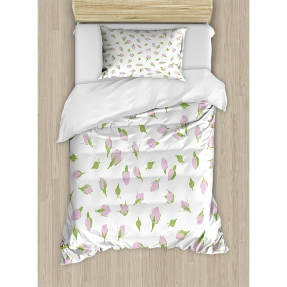 Rose Duvet Cover Set Twin Size, Rosebuds Romantic Flowers with Leaves Wedding Valentines Day Theme, Decorative 2 Piece Bedding Set with 1 Pillow Sham, Fern Green White Baby Pink, by Ambesonne