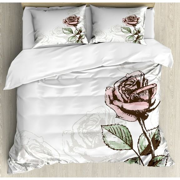 Rose Duvet Cover Set, Victorian Antique Design Sketchy Stem with Blossom and Faded Flourish, Decorative 3 Piece Bedding Set with 2 Pillow Shams, Calking Size, Pale Green Pale Pink, by Ambesonne