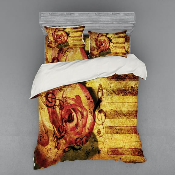 Rose Duvet Cover Set, Vintage Background Piano Keyboard and Grand Majestic Flora Melodic Love Art Theme, Bedding Set with Shams and Fitted Sheet, 3 Sizes, by Ambesonne