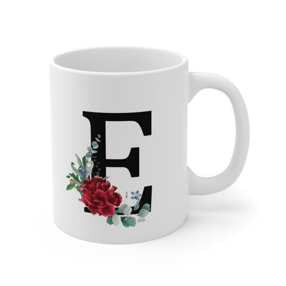 Rose E Mug oz Ceramic Coffee Cup, Vintage Floral Lover Gift.