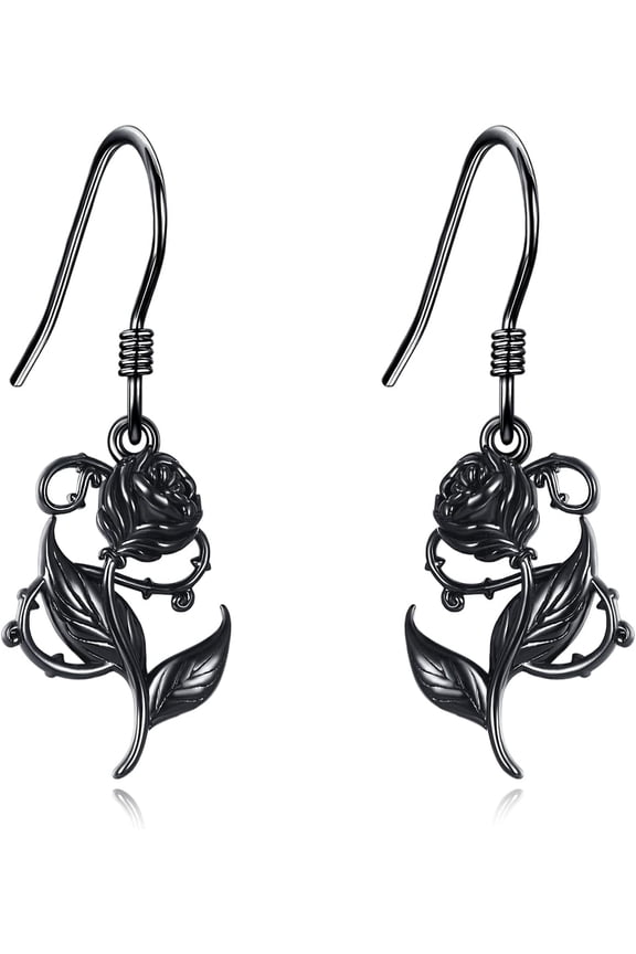 Rose Earrings Sterling Silver Black Rose Dangle Earrings Vintage Flower Drop Earrings Gothic Jewelry for Women Promise Gifts for Wife Mom