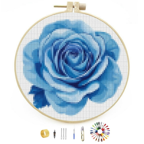 A Rose Easy Stamped Cross Stitch Kits for Beginners with Hoop Simple Patterns 11CT Counted Embroidery Needlepoint Crafts Arts for DIY Enthusiasts and Home Decor 26x26cm(1)