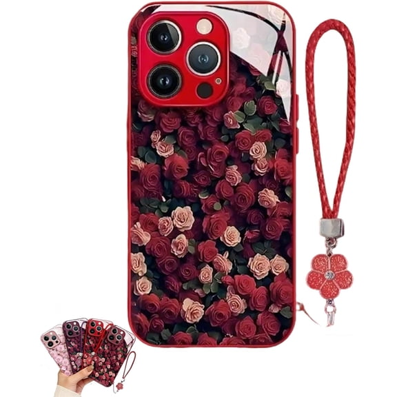 Rose Electroplated Glass Shell Equip with Hanging Rope, Full Screen Rose Protective Case for iPhone 11/12/13/14/15/16/17 Pro Max (Red,16)