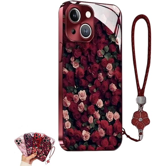 Rose Electroplated Glass Shell Equip with Hanging Rope, Full Screen Rose Protective Case for iPhone 11/12/13/14/15/16/17 Pro Max (Wine Red,15 Pro)