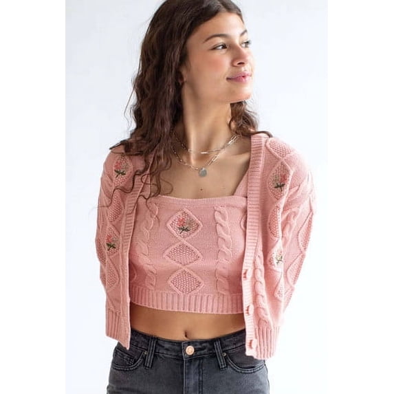 Rose Embroidered Cardigan & Tank Set - Pink Knit Floral Design