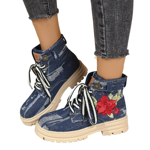 Rose Embroidery Denim Ankle Boots for Women Fashion Lug Sole Lace up Round Toe Short Booties