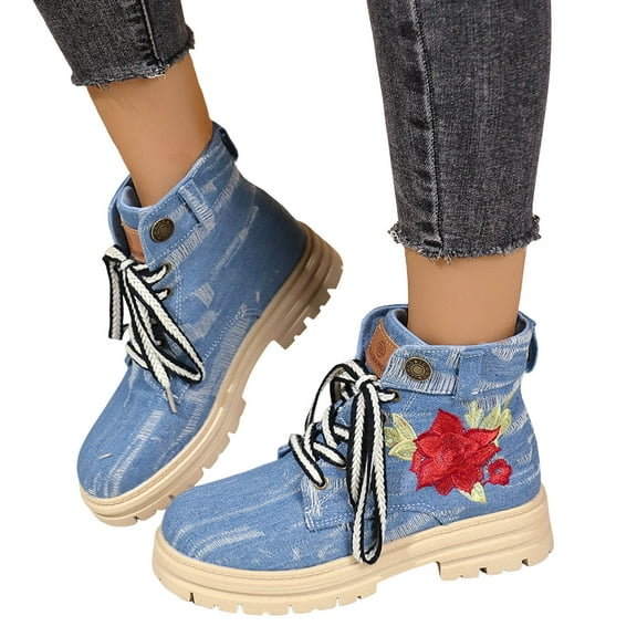Rose Embroidery Denim Ankle Boots for Women Fashion Lug Sole Lace up Round Toe Short Booties