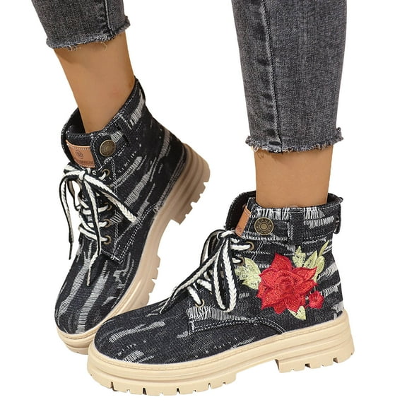Rose Embroidery Denim Ankle Boots for Women Fashion Lug Sole Lace up Round Toe Short Booties
