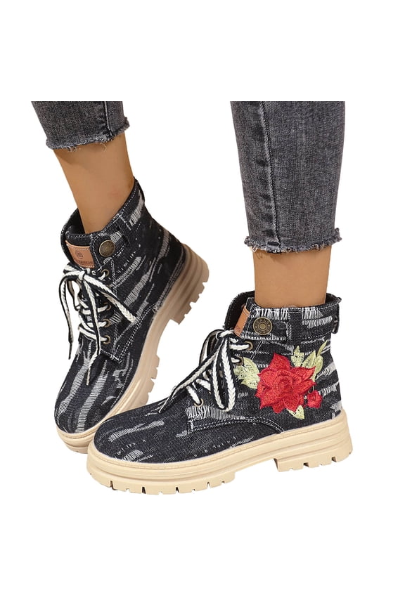 Rose Embroidery Denim Ankle Boots for Women Fashion Lug Sole Lace up Round Toe Short Booties