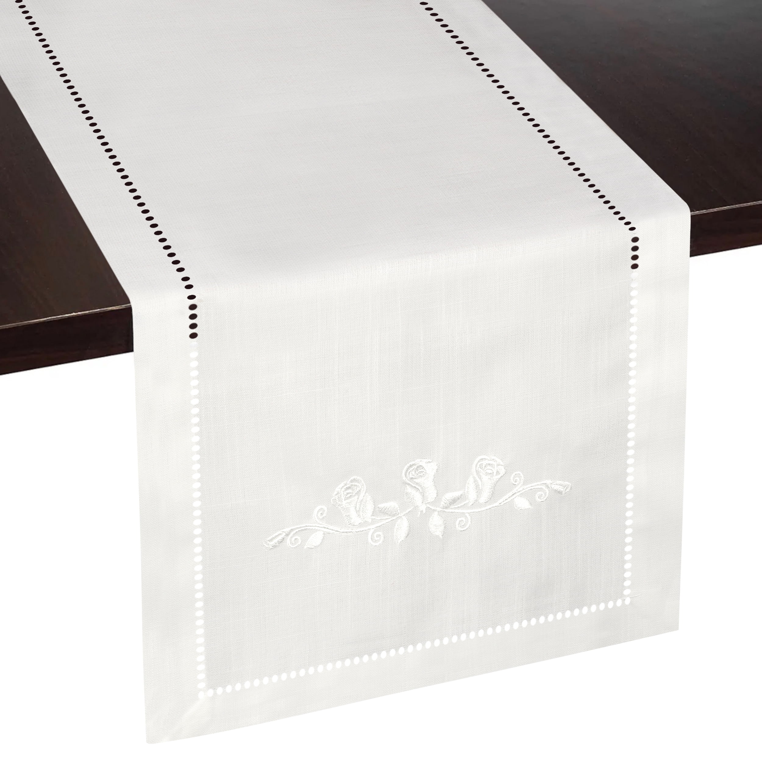 Ivory Rose Embroidered Hemstitch Table Runner 13 x 54 Inch Polyester Linen