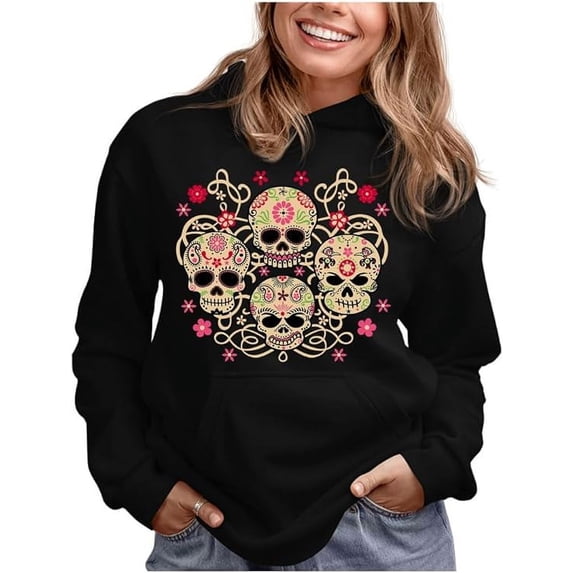 Rose Eye Sugar Skulls Sweatshirt Day of The Dead Gothic Women's Hoodie Large Black