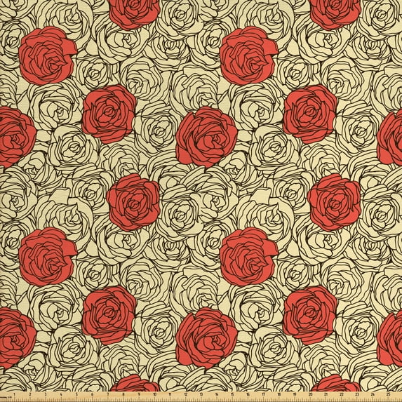 Rose Fabric by the Yard, Hand Painted Style Flowerbed with Romantic Blossoms in Pastel Colors, Decorative Upholstery Fabric for Chairs & Home Accents, Dark Brown Vermilion by Ambesonne