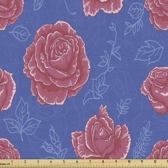 Rose Fabric by the Yard, Romantic Bicolour Design Petal Pattern with Outline Leafy Buds Print, Decorative Upholstery Fabric for Chairs & Home Accents, Violet Blue Dark Coral by Ambesonne