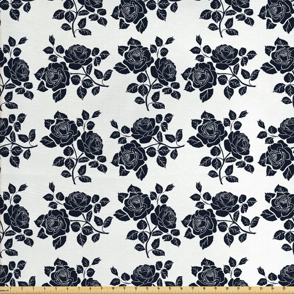 Rose Fabric by the Yard, Romantic Composition with Petals and Foliage Leaves Monochrome Illustration, Decorative Upholstery Fabric for Sofas and Home Accents, Dark Blue and White by Ambesonne
