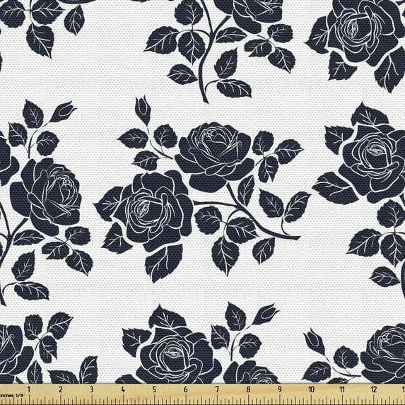 Rose Fabric by the Yard, Romantic Composition with Petals and Foliage Leaves Monochrome Illustration, Decorative Upholstery Fabric for Sofas and Home Accents, Dark Blue and White by Ambesonne
