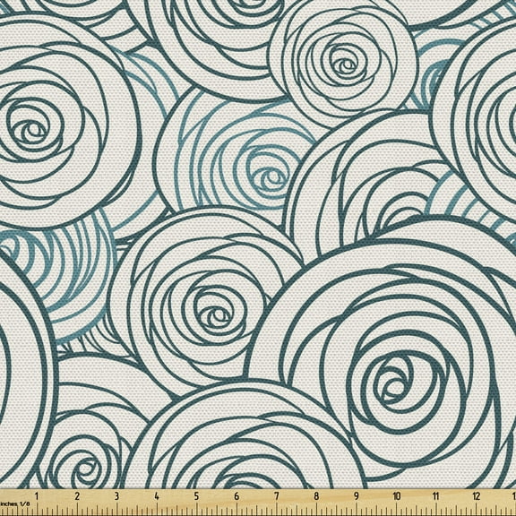 Ambesonne Rose Fabric by the Yard Upholstery, Doodle Outlines of Flowers, 3 Yards, Dark Teal Teal and Cream