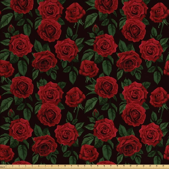 Ambesonne Rose Fabric by the Yard Upholstery, Retro Petals Leaves Growth, 5 Yards, Ruby Hunter Green Black