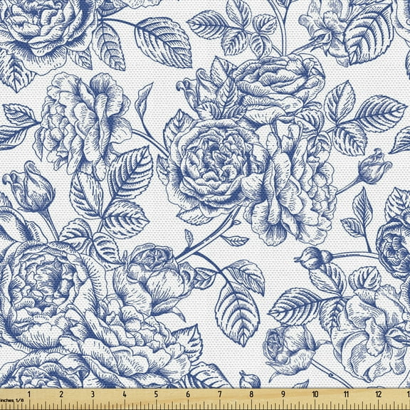 Ambesonne Rose Fabric by the Yard Upholstery, Vintage Monochromatic Flower, 3 Yards, Dark Violet White