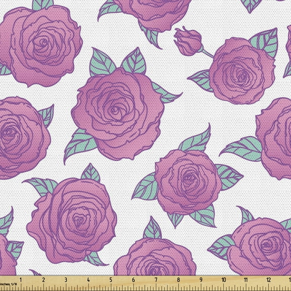 Rose Fabric by the Yard, Vintage Roses with Petals and Sprouts in Bloom Romantic Bouquet Print, Upholstery Fabric for Dining Chairs Home Decor Accents, 2 Yards, Pink and Turquoise by Ambesonne