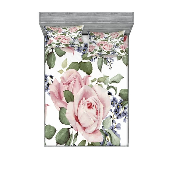Rose Fitted Sheet & Pillow Sham Set, Flourishing Pink Roses with Tender Spring Summer Soulful Blossoms Bridal, Decorative 6 Piece Bedding Decor Set, Calking, Pale Pink Green Bluegrey, by Ambesonne