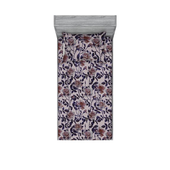 Rose Fitted Sheet & Pillow Sham Set, Gothic Garden Scene of Flowers Vintage and Leaves Watercolor Print, Decorative Printed 2 Piece Bedding Decor, Twin, Blush Quartz and Dried Rose, by Ambesonne