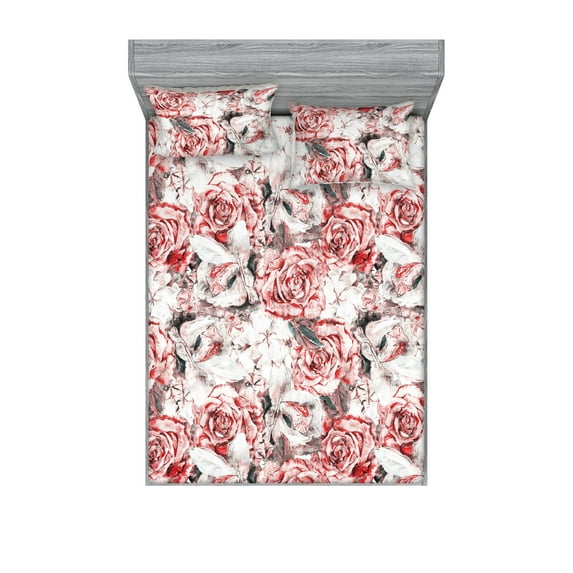 Rose Fitted Sheet & Pillow Sham Set, Grunge Themed Pattern of Blooming Romantic Flowers Watercolor Concept, Decorative Printed 3 Piece Bedding Decor, Full, Dark Blue Grey and Coral, by Ambesonne