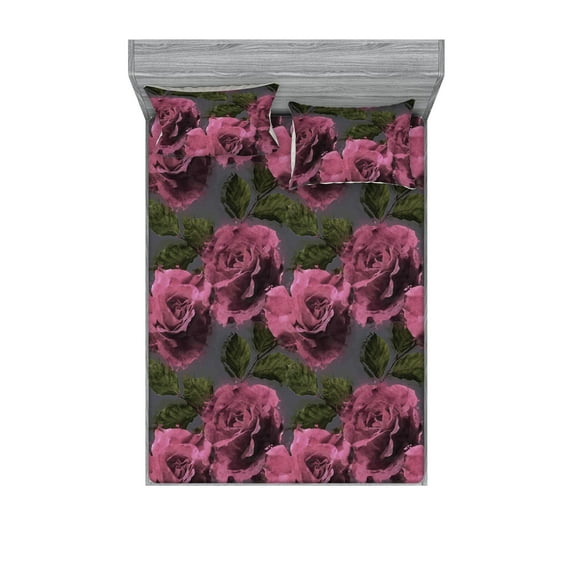 Rose Fitted Sheet & Pillow Sham Set, Romantic Themed Pattern of Watercolor Splash Style Flowers Print, Decorative Printed 3 Piece Bedding Decor, Calking, Eggplant Evergreen and Pink, by Ambesonne